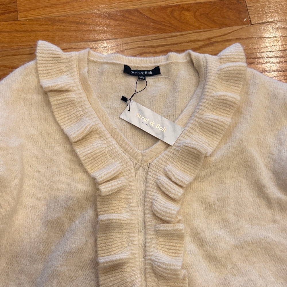 Charming Charlie Cream Ruffled V-Neck Sweater - Picture 4 of 6